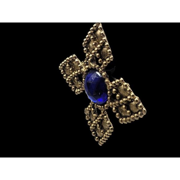 Four Point Dotted Cross Brooch Blue Fauceted Large Rhinestones Gold Tone - Picture 10 of 13